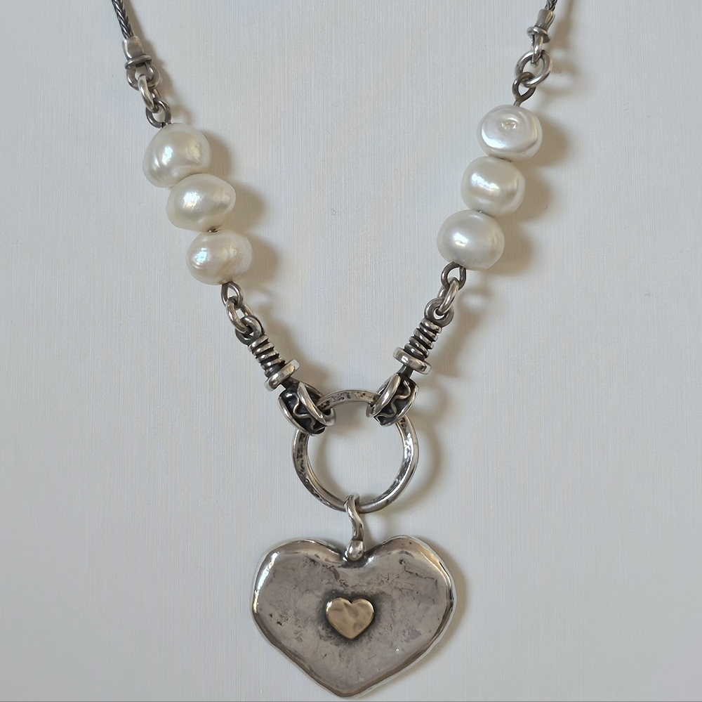 Didae Sterling Silver Pearl Necklace w/Sterling Silver & 14K Heart Pendant